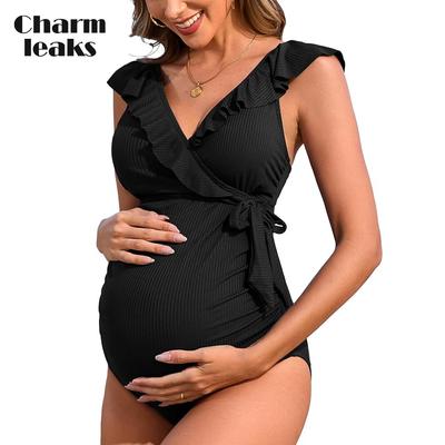 Ребристый купальник для беременных с оборками и V-образным вырезом, завязками по бокам, трикотажный цельный купальный костюм для беременных, купальники для женщин с эффектом пуш-ап
