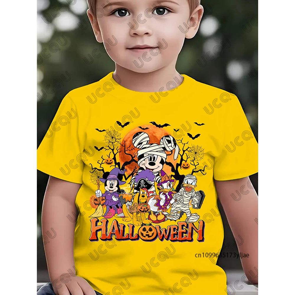 Хэллоуин Дисней Семейная Хлопковая Футболка с Принтом Микки Мауса Детская Летняя с Коротким Рукавом Повседневная Уличная Одежда Детские/Взрослые Топы