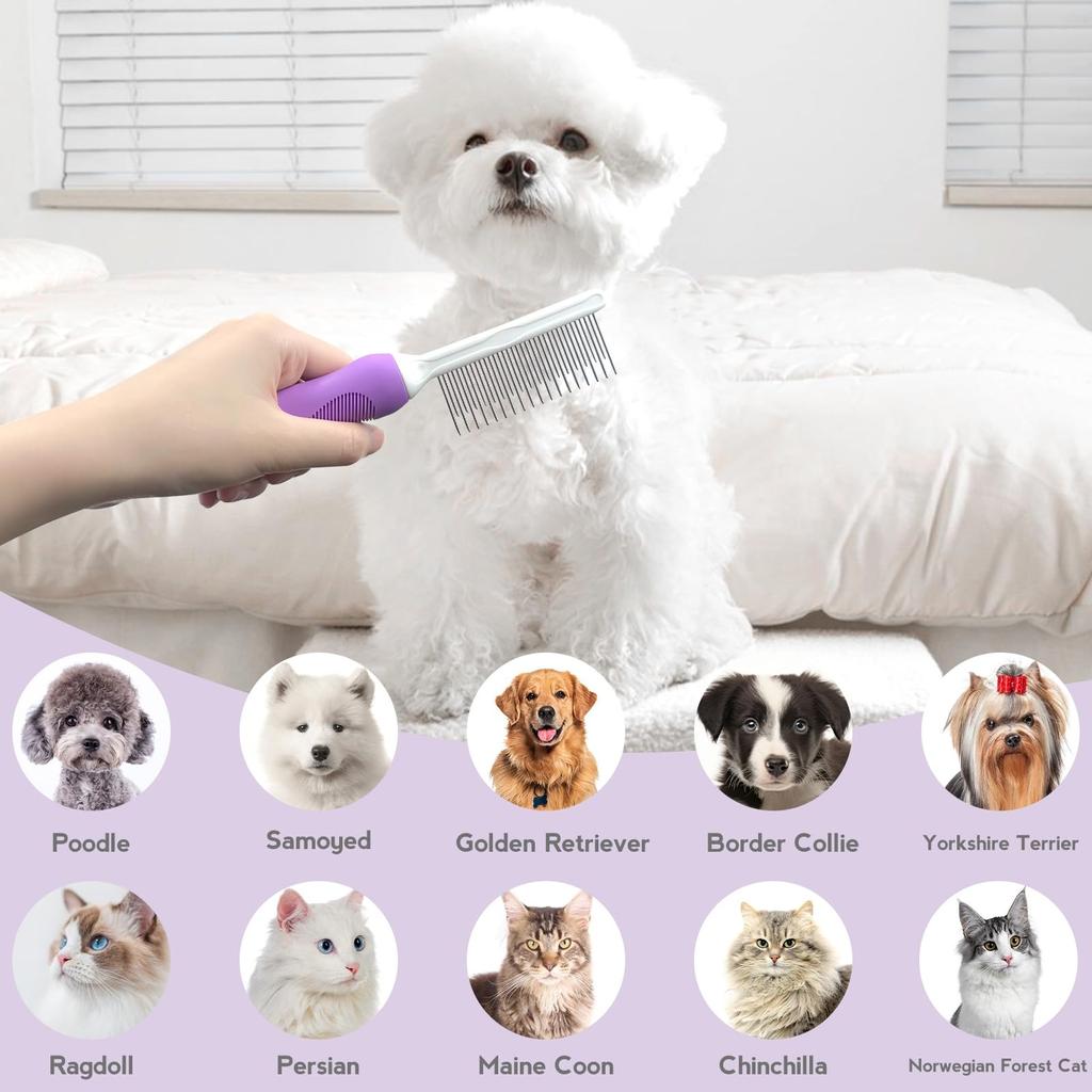 Detangling Pet Comb Grooming Comb With Long Short Stainless Steel Teeth Safely Remove Knots Gentle Effective Detangling Tool For Pet Hair