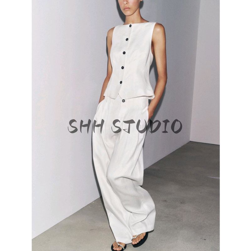 Linen Blended Cropped Short Skirt Hem Vest 3748330 Pleated Mid-Waist Wide Faded Pants 3218330