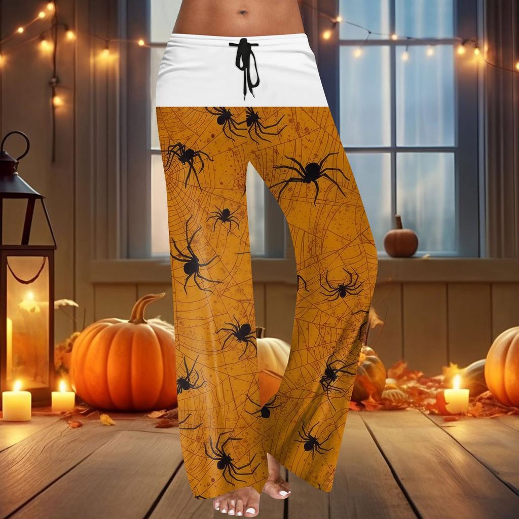 Женские широкие брюки на резинке и завязках на талии для Хэллоуина, повседневные брюки с принтом