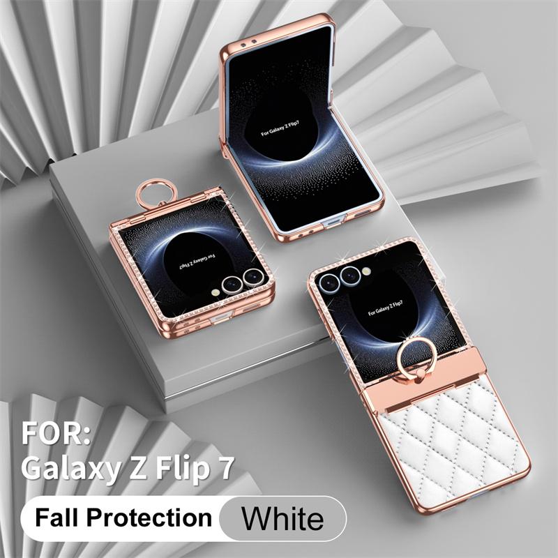 Для Samsung Galaxy Z Flip7 5G Чехол для телефона из ПУ кожи с покрытием, блестками, стразами, кольцом-держателем, защита шарнира, защитная пленка для экрана, противоударный чехол