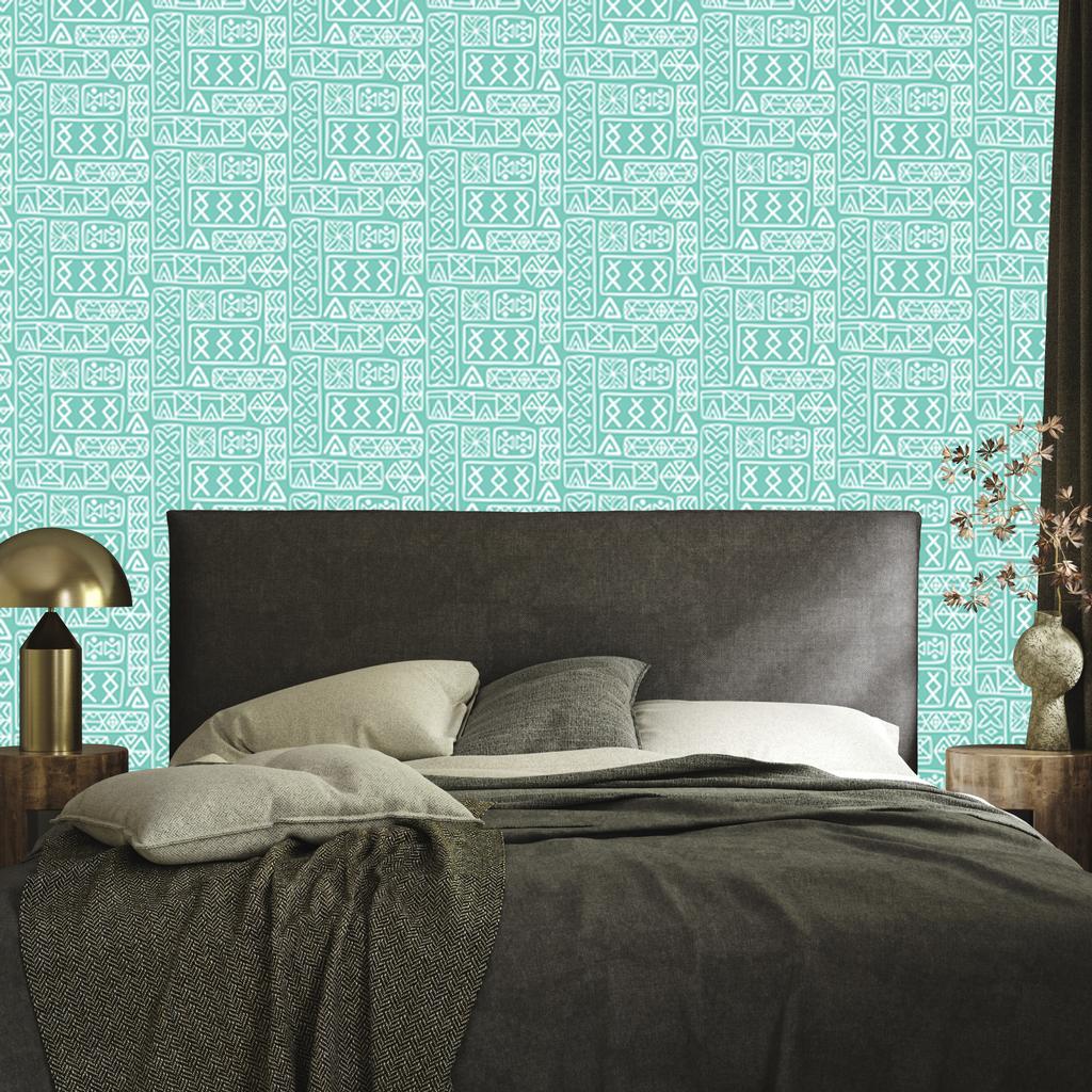 Polynesian Geometric Pattern Wallpaper Mint and Sea 50x1000