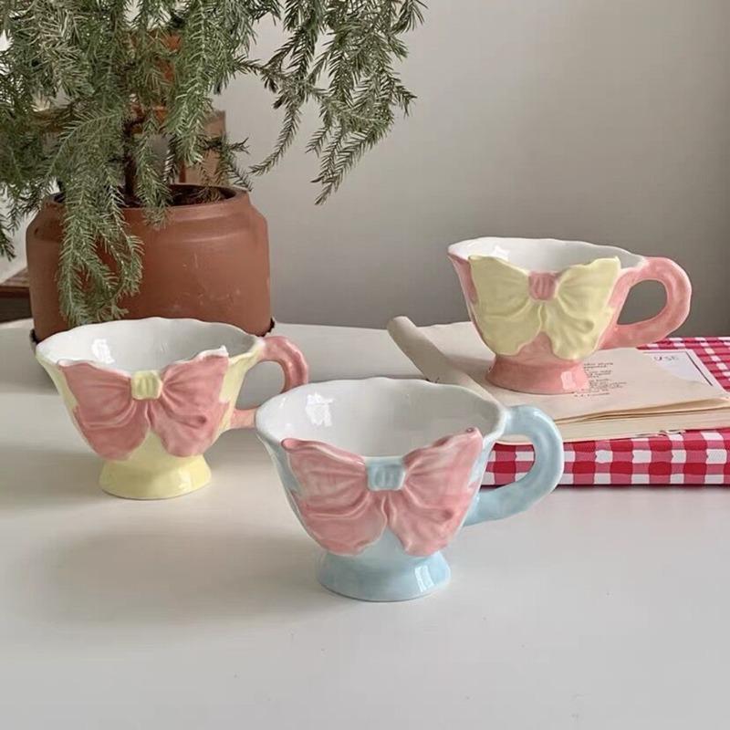 Bowknot Under Glazed Ceramic Coffee Mugs Beautiful Handmade Pocelain Tea Milk Cups Tableware Unique Hand Painted Pink Yellow