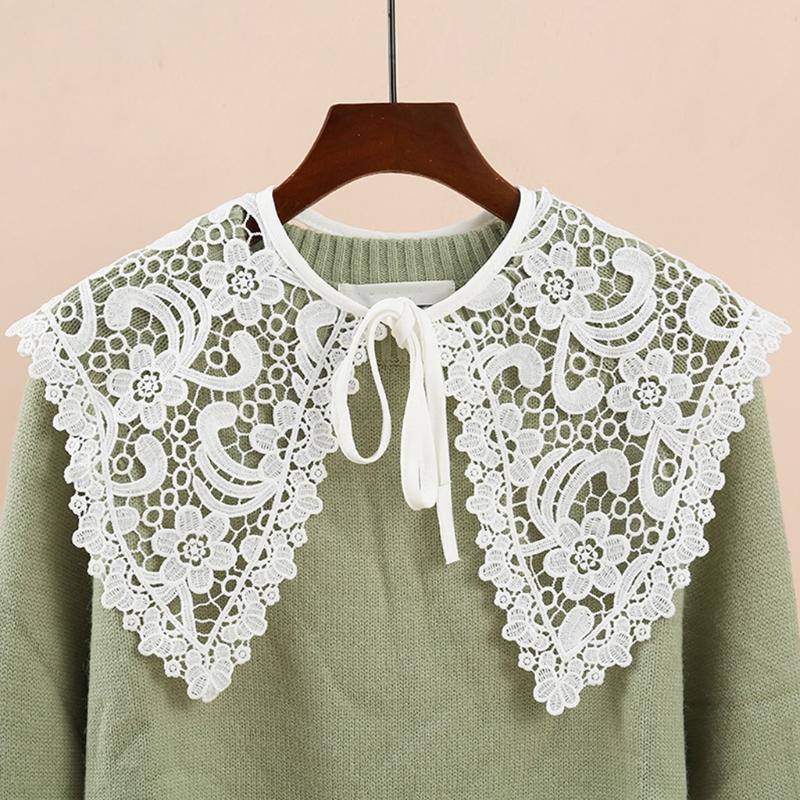 Women Girls Vintage Lolita False Fake Collar Shawl Sweet Ruffles Lace-Up Bow Decorative Necklace Choker Short Poncho