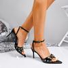 Fashion Sexy Pointed Toe Pu Black Sandals Women Gold Rivet Super High Heels Sandals Women 2025 Summer Punk Ankle Strap Party Dress Shoes