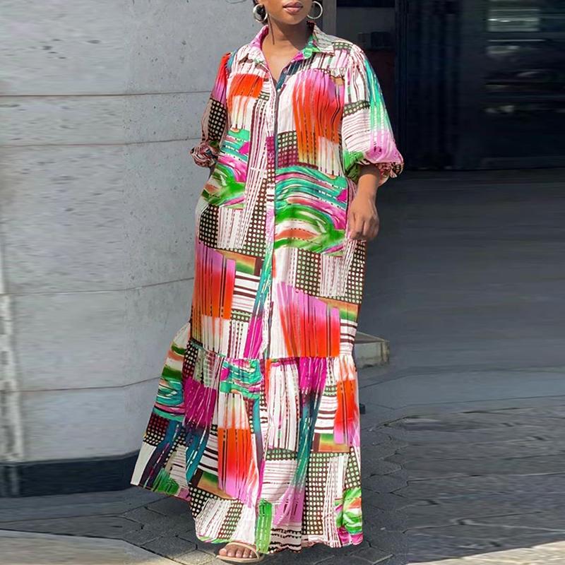 Women's Plus Size Shirt Collar Puff Long Sleeve Printed Loose Dress