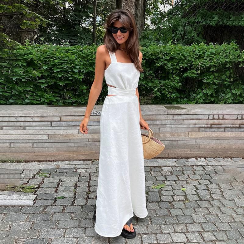 2026 French Elegant White Maxi Dress Hollow Out Backless A Line Sleeveless Vacation