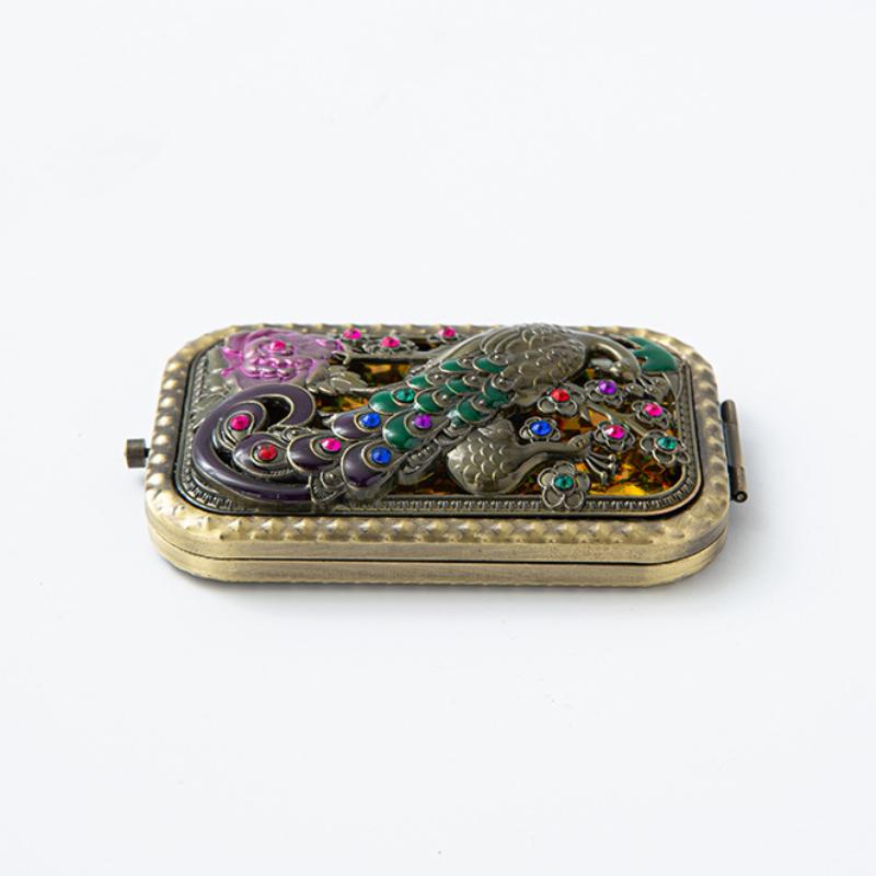 Складное Ретро Ручное Зеркало для Макияжа Компактное Карманное Зеркало с Принтом Павлина Двустороннее Прямоугольное Зеркало для Макияжа и Туалетного Столика