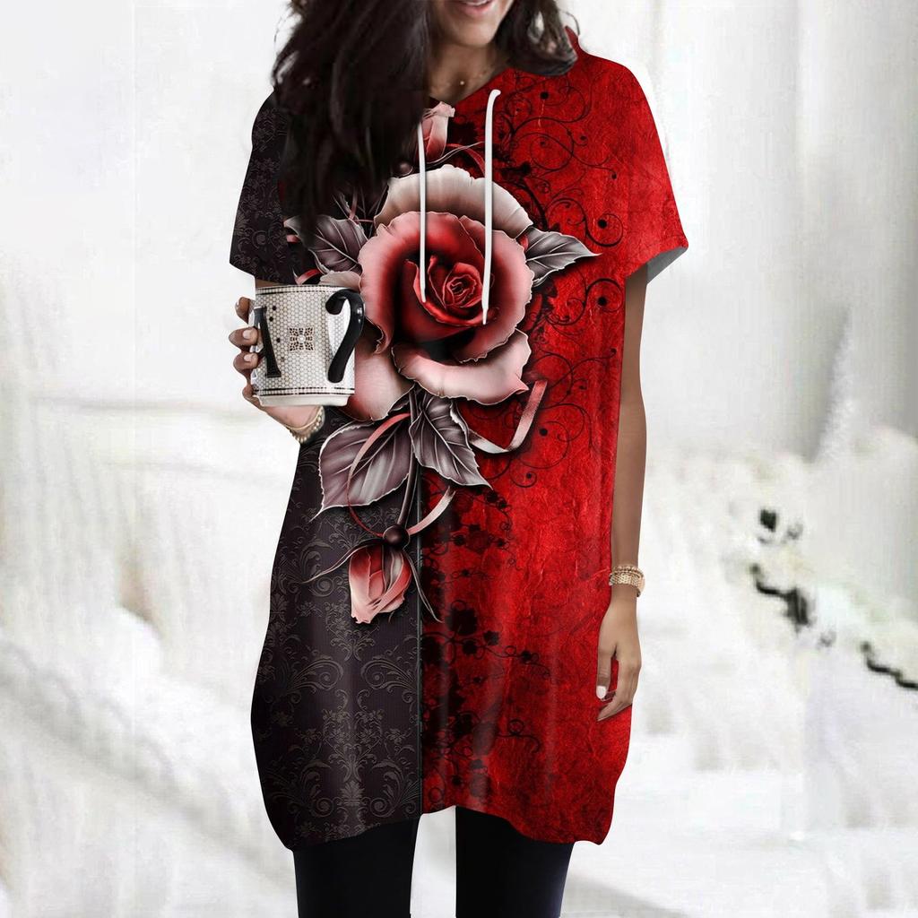 Women's  Hoodies Casual Short Sleeve Shirts Fashion Print Tunic Tops With Pockets