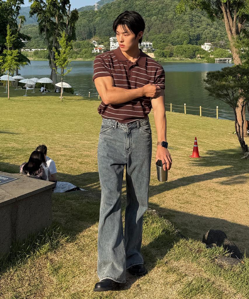 MINDBRIDGE [On][Set][Select Stripe Or Basic] Linen-Like Collared Short Sleeve Knit - 8 Colors (Type A)
