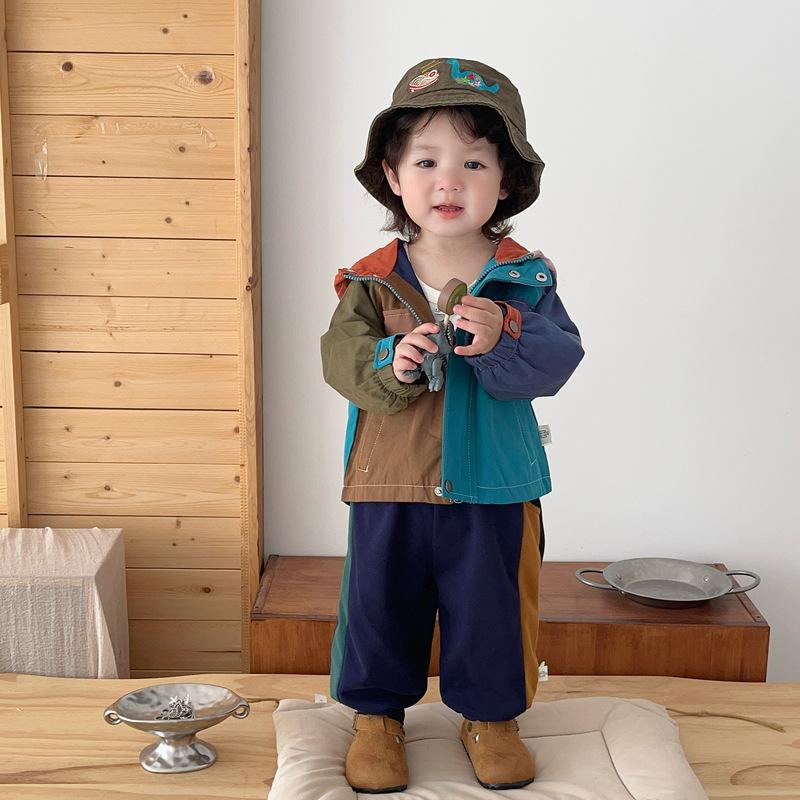Boys' Autumn Color Matching Hooded Suit Baby Foreign Style Charge Jacket Casual Pants Two-Piece Set Children'S Autumn Clothes