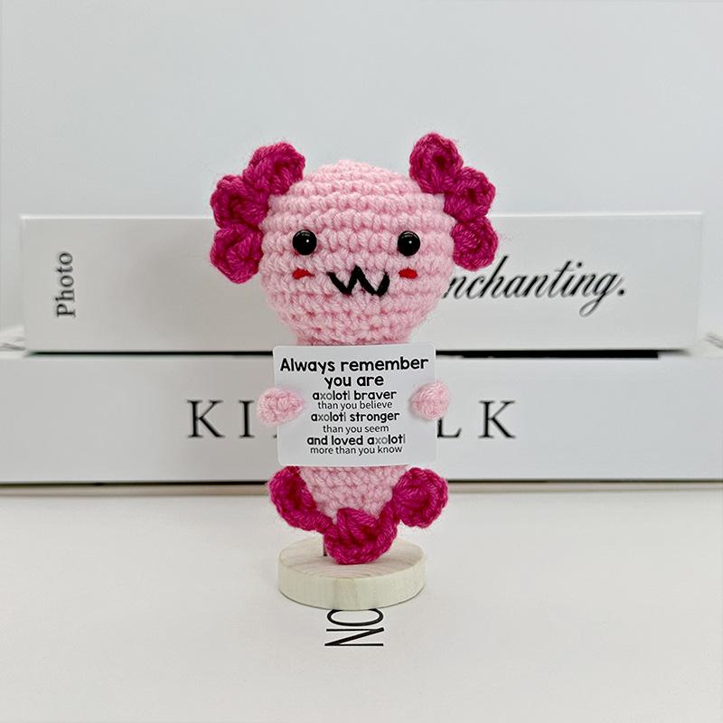 New Positive Crochet Headset Potato Doll with Card for Cheer Up Gifts and Party Decor Handmade Knitted Pencil Doll Desk Ornament