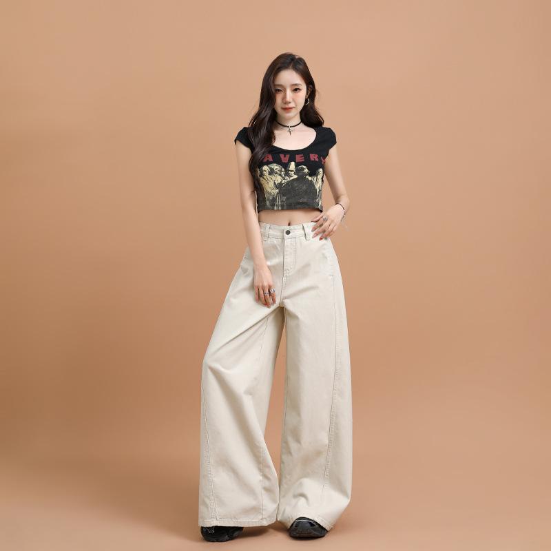 Milkshake rice wide-leg denim women's summer new splicing design high waist drape thin straight floor pants