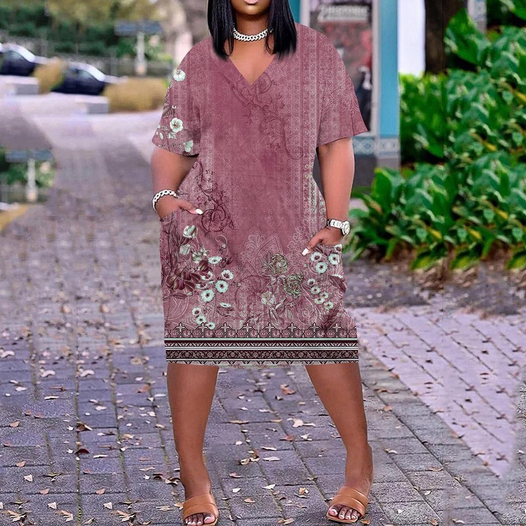 Лето плюс размер V-образным вырезом с короткими рукавами и карманами до колена с принтами повседневное платье для женщин