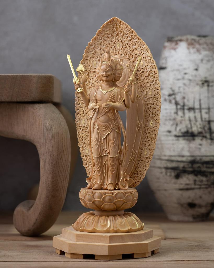 Маленькая статуя Будды Бато Каннон из золотой глины Канзеон Бодхисаттва Будда, резьба по дереву, орнамент Бато Каннон 14,2 см (Деревянный самшит, отделка) _ (ГСБ