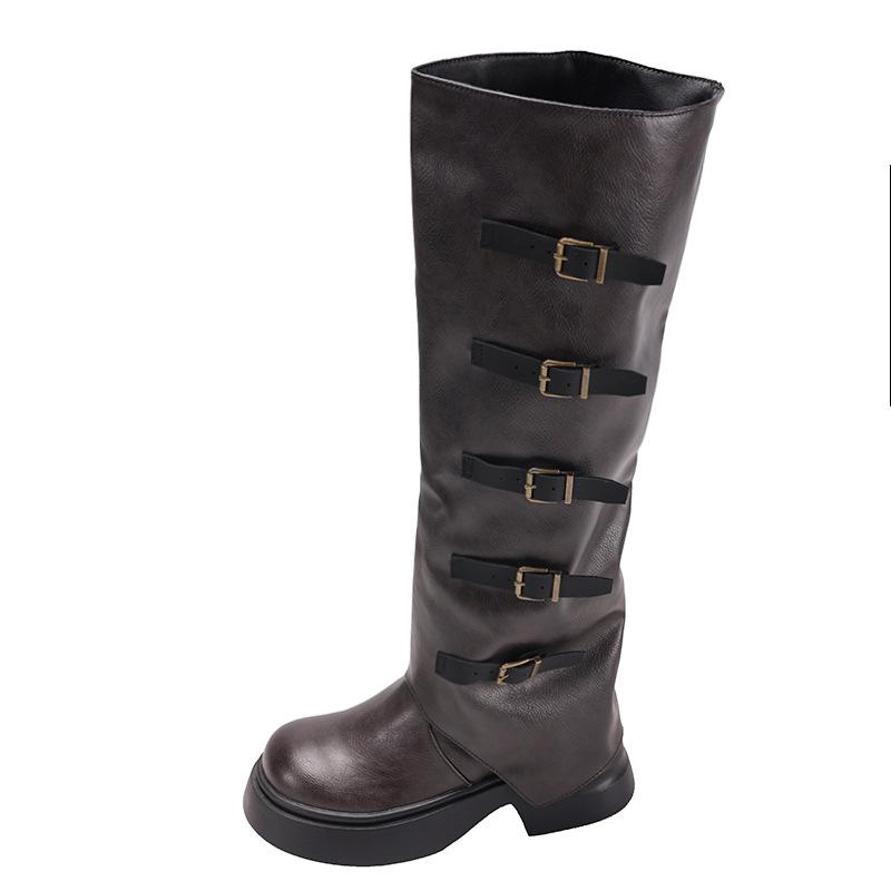 Черный британский стиль, но ботфорты на толстом каблуке и платформе до колена, женские 2025, новые осенние, увеличивающие рост и стройнящие ретро-ботинки