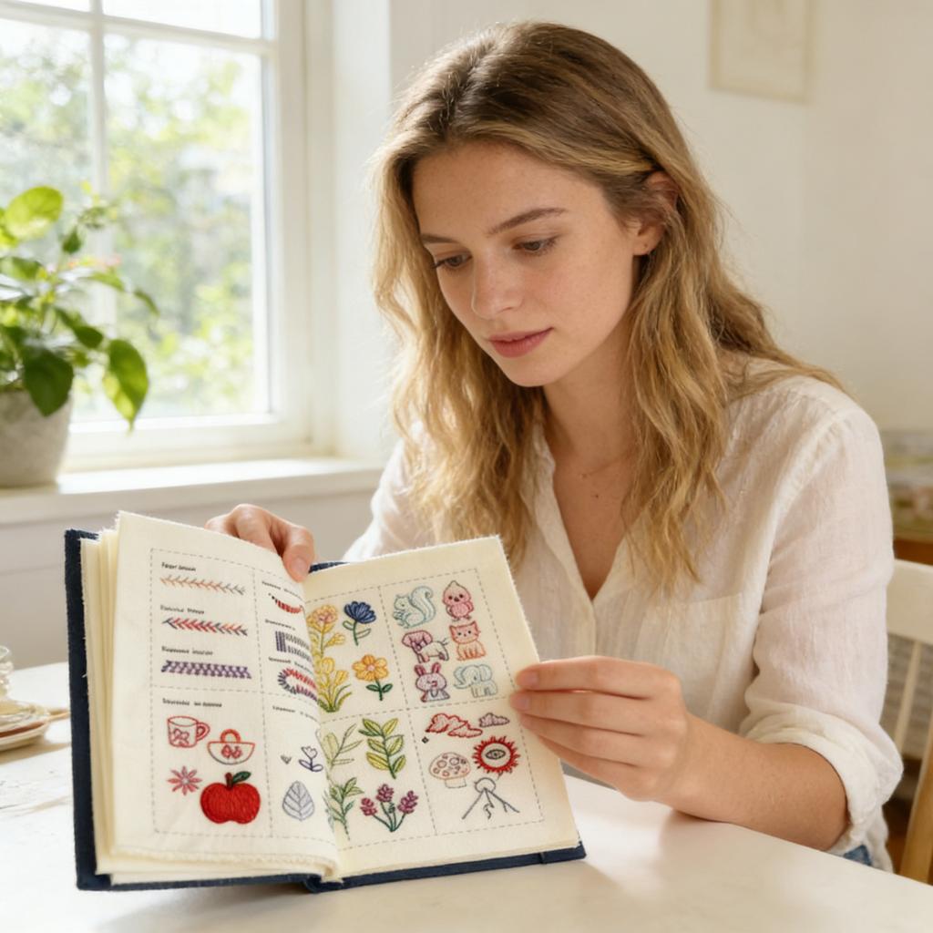 Набор для вышивания для начинающих, Универсальная книга для изучения и практики ручной вышивки со страницами из ткани, Более 100 узоров, Пяльцы, Нитки и Инструменты