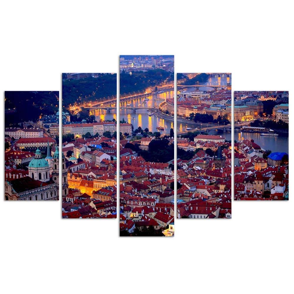 Feeby Feeby Five piece picture canvas print, Prague at dusk