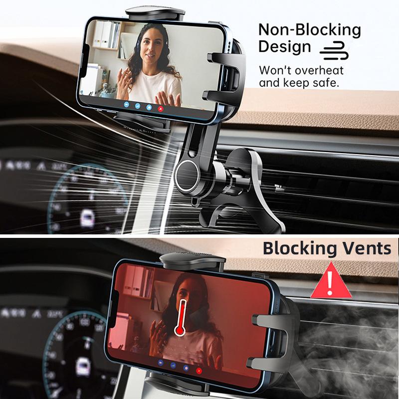 Car Air Vent Phone Holder Mount with Metal Hook Clip, ABS Material, 360° Rotation, One Button Release, Compatible with All Cars
