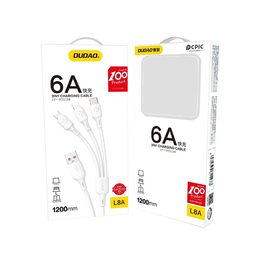 Dudao L8A 3-в-1 USB-кабель для зарядки (USB-A на USB-C/Micro-USB/Lightning), 480 Мбит/с, 1,2 м, белый