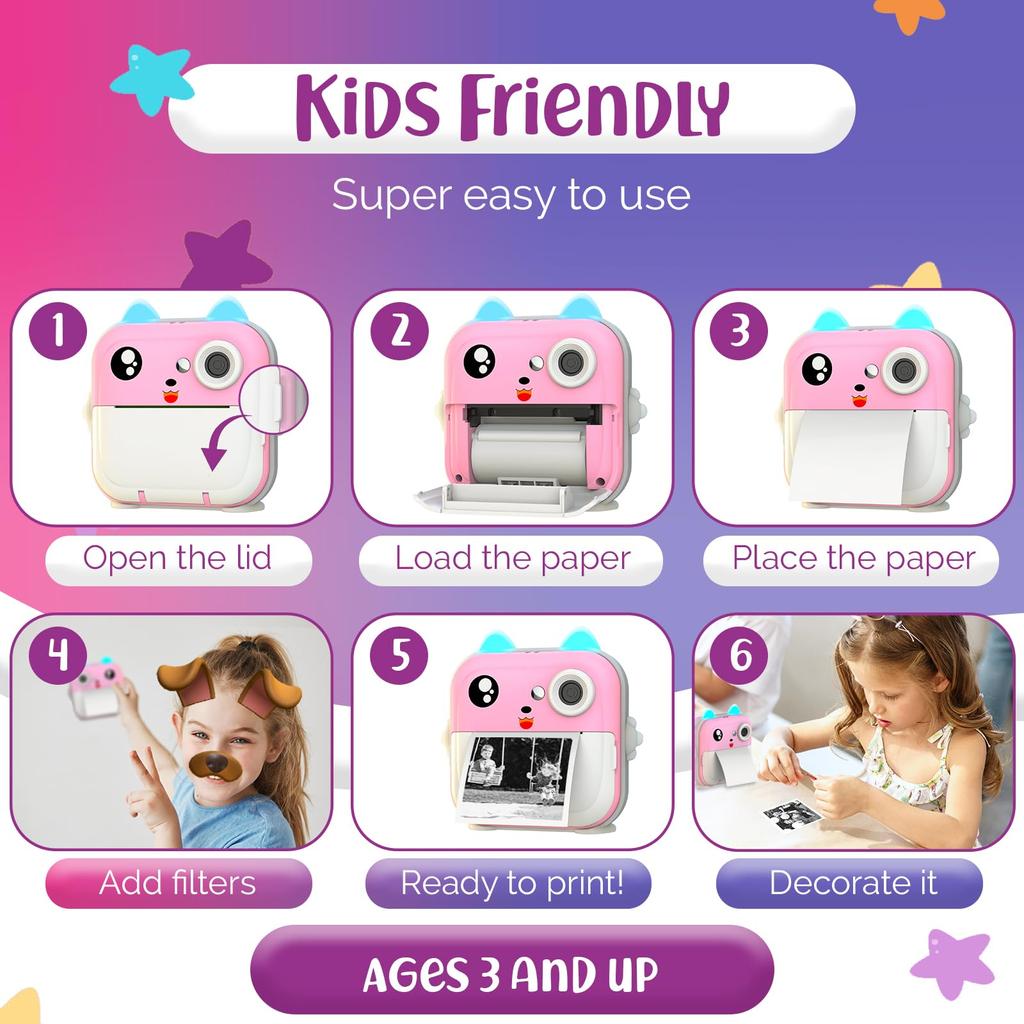 Children Digital Camera Instant Print for Kids Thermal Print Camera Instant Photo Printing Camera Video Toys+32G Memory Card