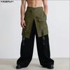 Men High Wrap Waist Patchwork Zip-up Casual Loose Long Wide Legs Pants Trousers