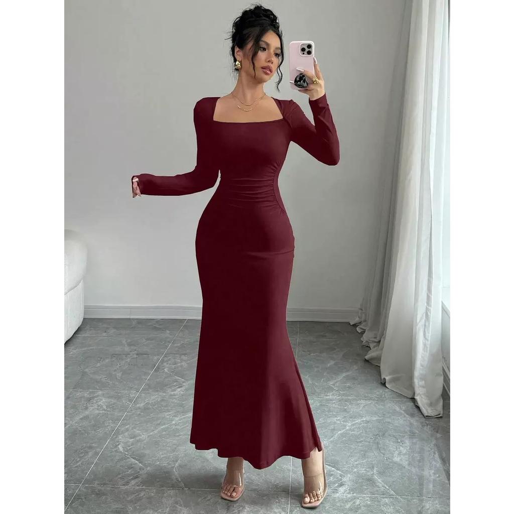 Элегантное женское модное облегающее сексуальное платье-русалка с длинным рукавом, полной длины, до щиколотки, с обычной талией