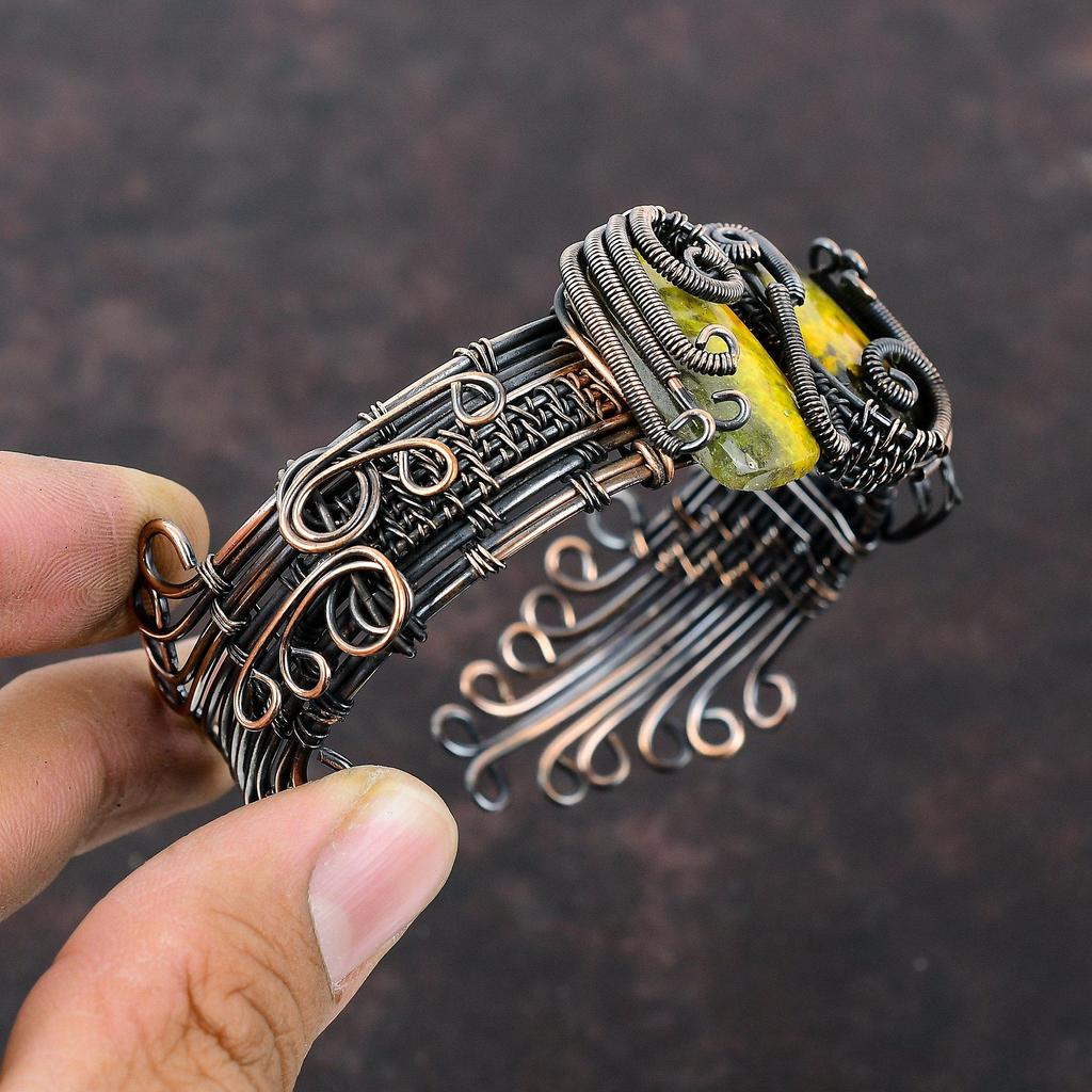 Браслет из яшмы с драгоценными камнями, браслет-манжета из медной проволоки, браслет ручной работы, регулируемый браслет, подарок на помолвку, антикварные медные украшения