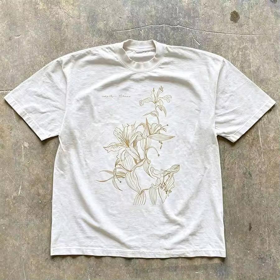 Unisex Casual Crew Neck T‑Shirt Retro Washed Short Sleeve Top Minimal Gold Line Sketch Lily Floral Signature Art Print Daily Aesthetic Street Tees