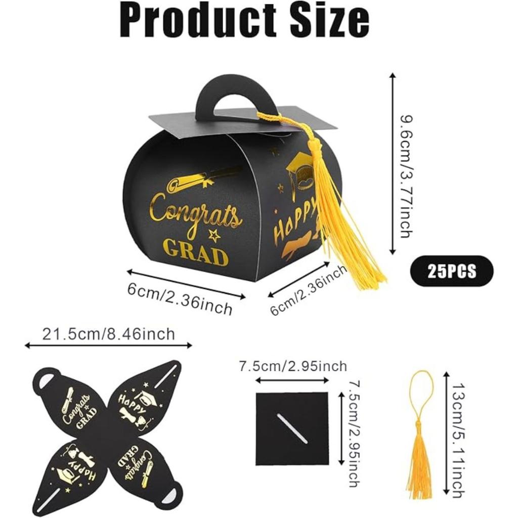 25pcs Graduation Gift Box, Graduation Cap Treat Boxes Graduation Candy Box with Tassel Graduation Decor Table Centerpiece Party Supplies