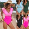 2025 New Mesh Splicing Solid Color Splicing Swimsuit Ruffle Edge One-piece Swimsuit