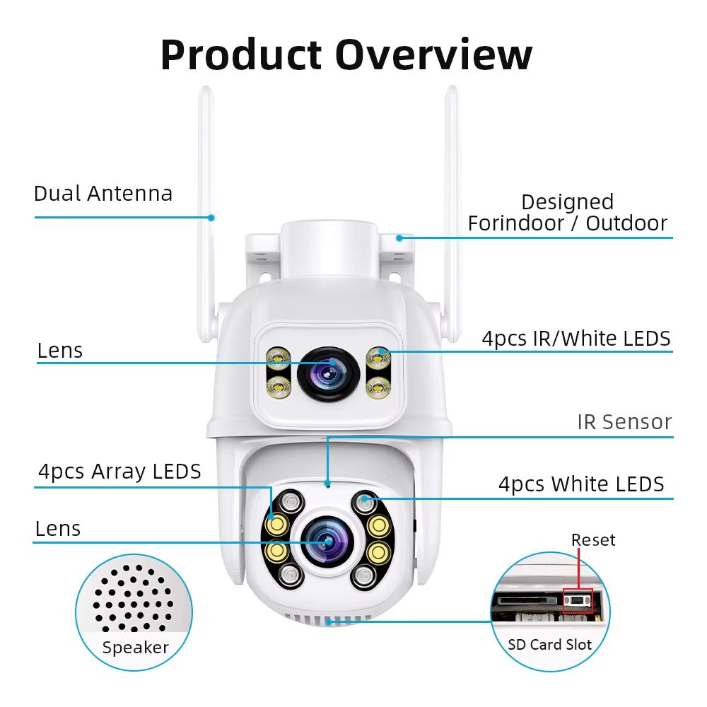 New EU 8MP 4K WIFI IP Camera PTZ Dual Lens with Dual Screen Ai Human Detect Night Vision Outdoor Wifi Surveillance Camera ICsee CCTV Video