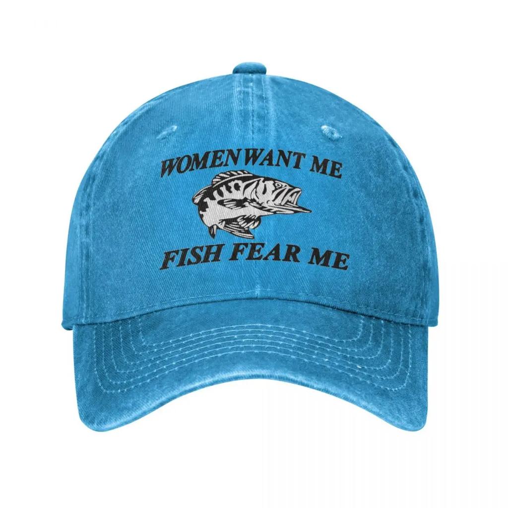 Women Want Me Fish Fear Me Fishing Unisex Style Baseball Cap Distressed Cotton Caps Hat Fashion Outdoor Activities Sun Cap