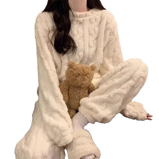 Женский флисовый пижамный комплект Мягкий пушистый пуловер В рубчик Комплект из двух предметов для сна Зимняя пушистая шерпа Пижама Домашний комплект