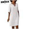 GMXIA Женское летнее однотонное хлопковое льняное ретро-платье с V-образным вырезом и коротким рукавом, легкое дышащее платье