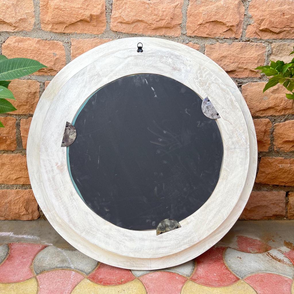 Wooden Carved Round Wall Mirror-Distressed White Finish Mirror, Boho Wall Decor, Indian Accent Mirror for Bedroom or Living Room Home Decor