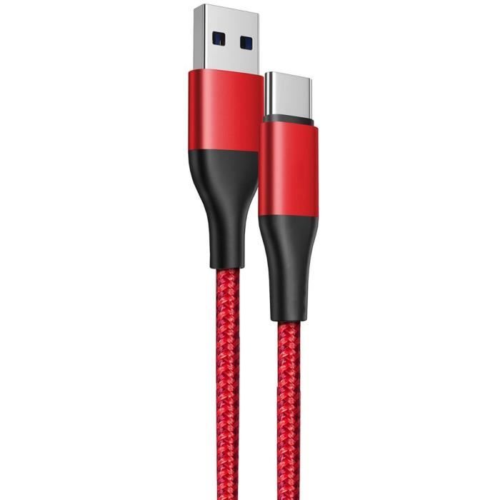 Câble de charge rapide 3A - BOOLING - Rouge - 1 mètre - Nylon tressé - USB-A vers USB-C