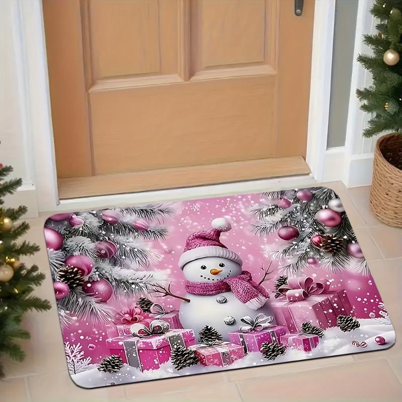Pink Christmas Snowman Flannel Doormat Gift Box Pine Cone Baubles Snowflake Anti‑Slip Home Front Entrance Holiday Decor Rug