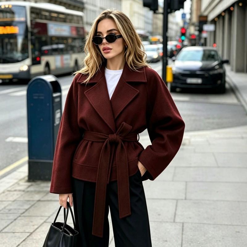 Womens Vintage Wool Blend Coat Winter Thick Wrap Trench With Belt Office Commute
