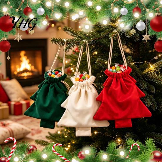 Holiday Candy Storage Sacks Christmas Tree Drawstring Presents Bag, Reusable Plush Wrapping Pouch, Festive Hanging Treat Bags Shaped Favors