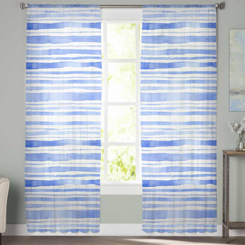 Акварельные полосатые синие тюльные шторы для спальни, роскошные шторы для домашнего декора в гостиной, шифоновые панели