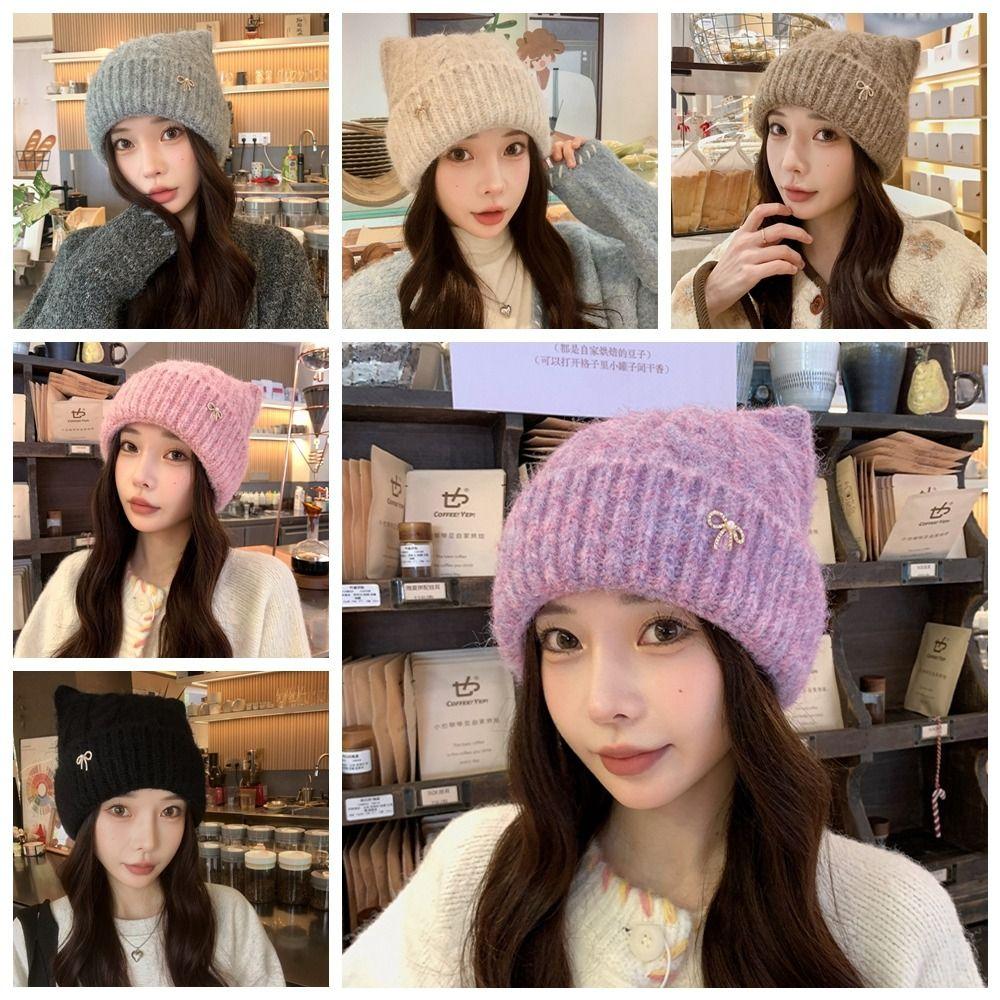 Japanese Style Woolen Knitted Hat Solid Color Women Beanie Hat Cat Ears Pullover Hat Girls