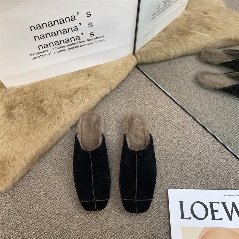 Премиум-туфли Lazy Muller с квадратной головкой и глубоким ртом, плюшевые теплые полутапочки Baotou с плоской подошвой, женская верхняя одежда