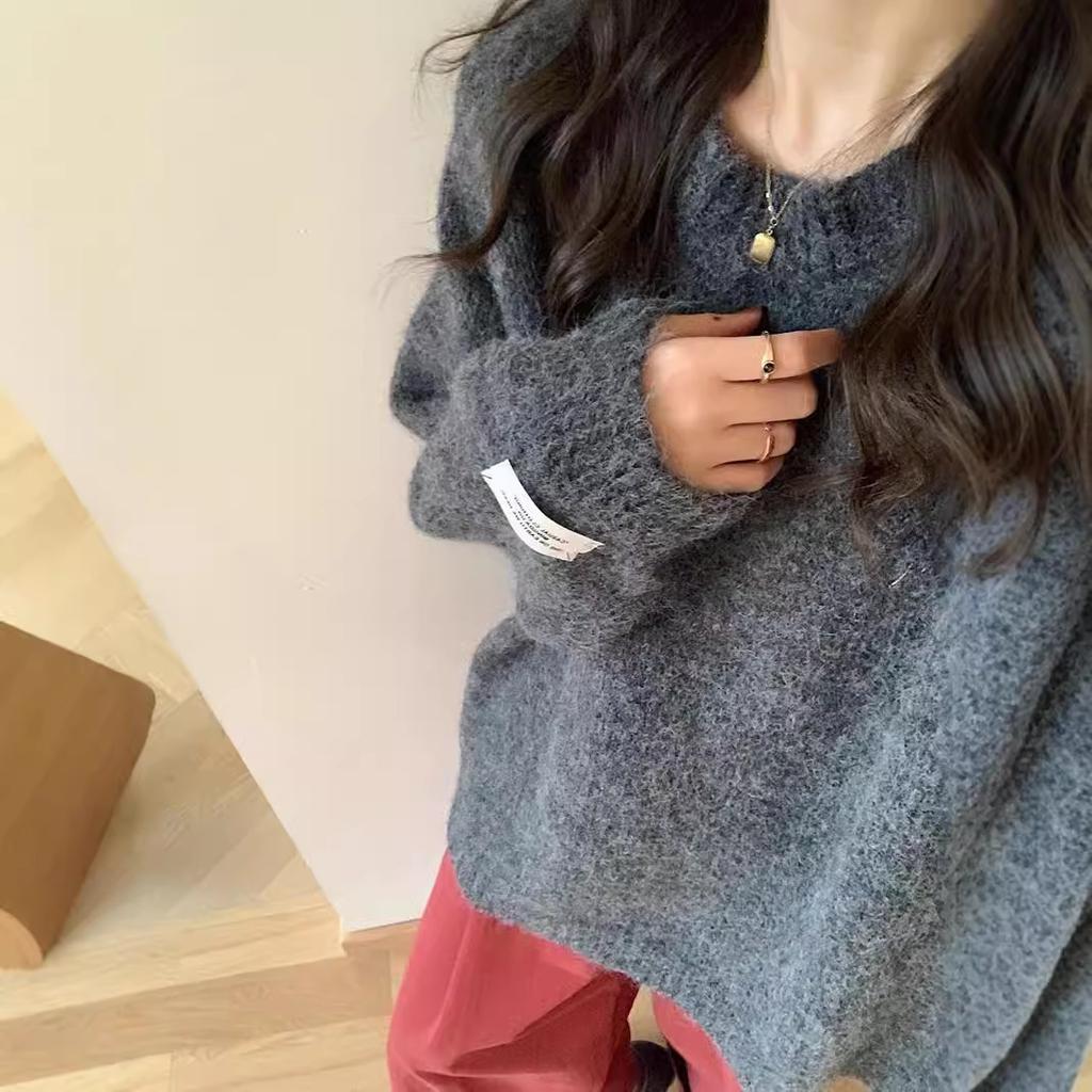 Women Drop Shoulder Crewneck Fuzzy Knit Sweater Long Sleeve Casual Solid Knitted Chunky Sweater Jumper