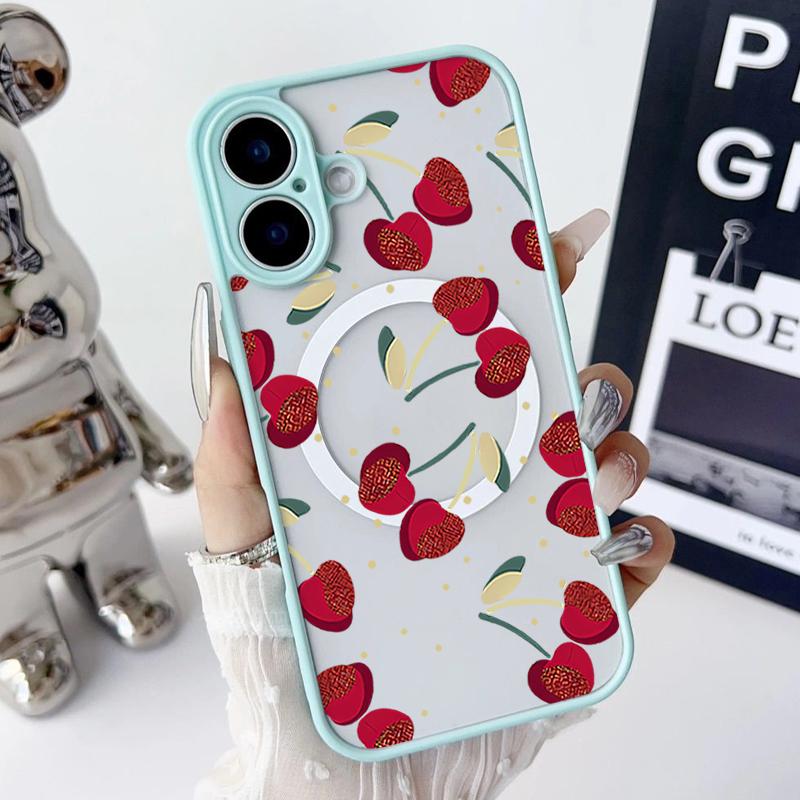 Cherry Pattern Magnetic Shockproof Phone Case for iPhone 16 15 14 Plus 13 12 Pro Max 11 Acrylic Hard Clear Plain Color Soft Edges Lens Protection Case