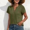 Women's French Vacation Style Short Sleeve T-Shirt, Button Detail, Casual Top