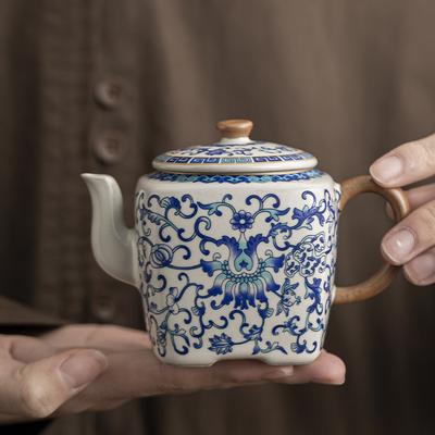 Синий и белый квадратный горшок печи Жу можно выращивать, открытая керамическая офисная роскошь, ручная работа, чайник для чая Кунг-фу, высококлассный горшок
