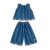 Girls Summer Embroidered Denim Sleeveless Top and Wide Leg Pants Set