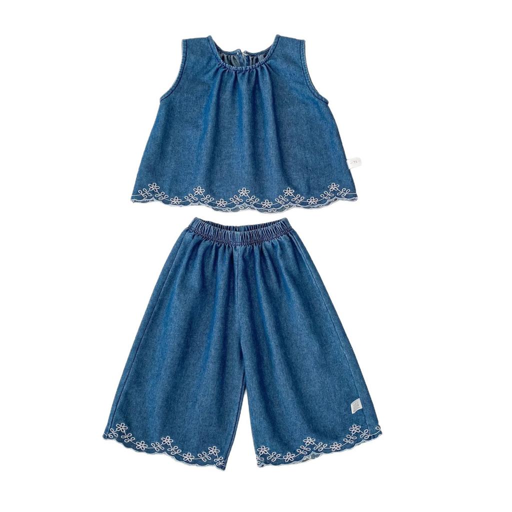 Girls Summer Embroidered Denim Sleeveless Top and Wide Leg Pants Set